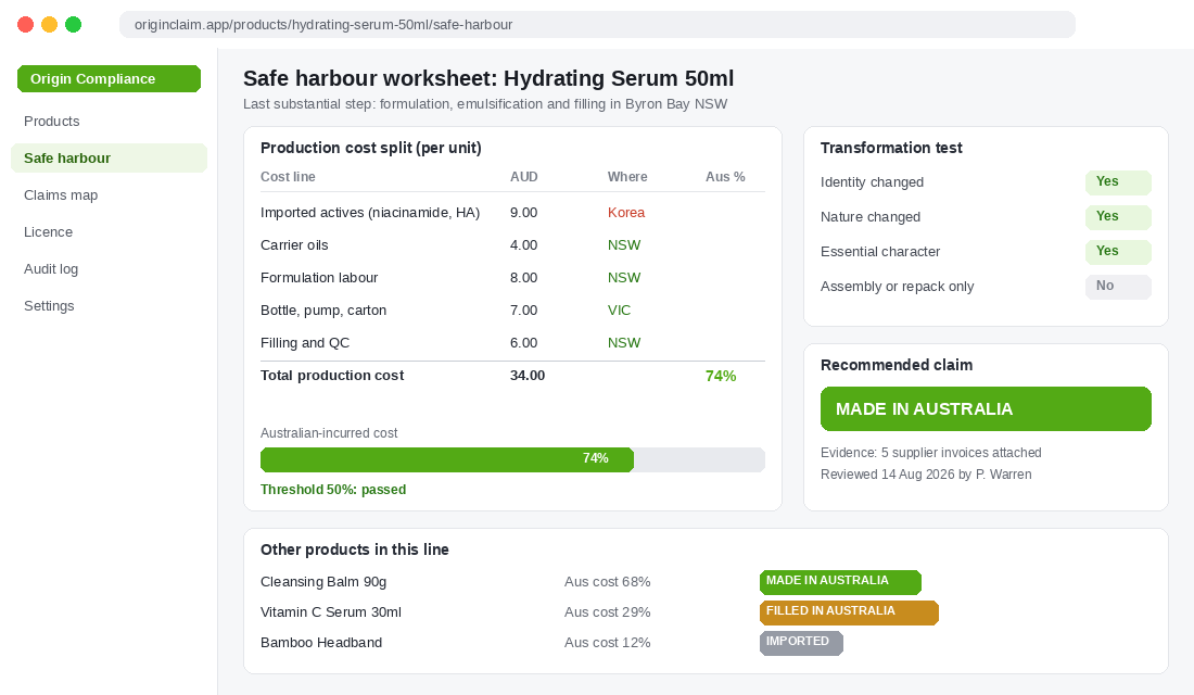 Safe harbour worksheet showing production cost split and transformation test for an Australian made skincare product