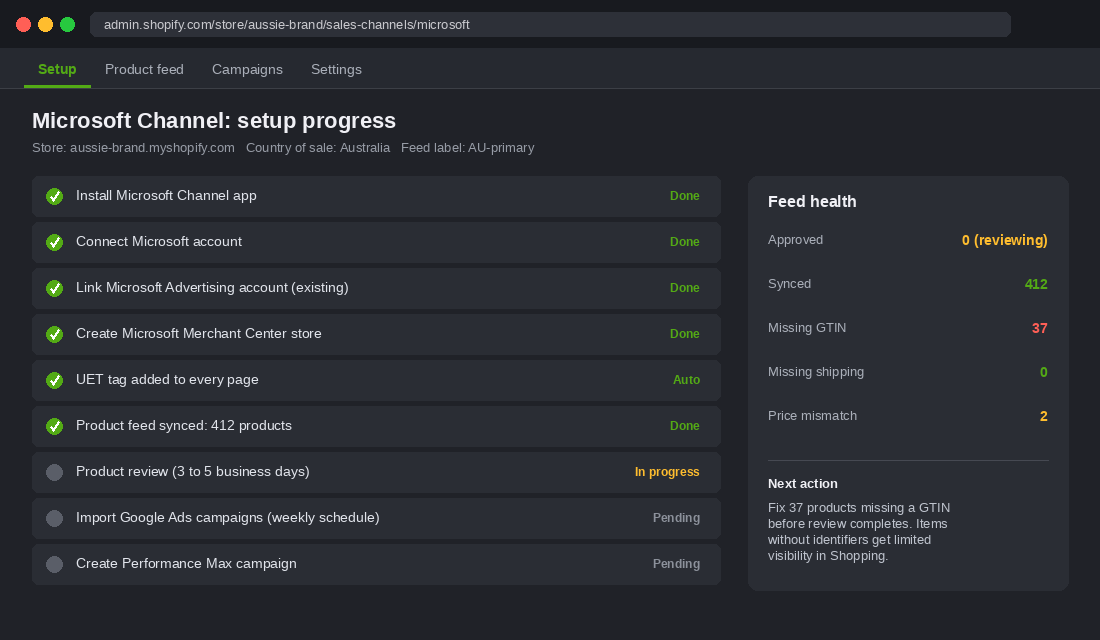Microsoft Channel app setup checklist inside Shopify admin with feed health panel
