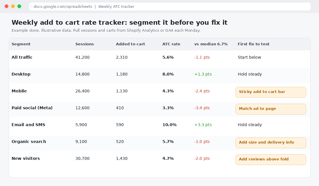 Weekly add to cart rate tracker segmented by device, traffic source and new visitors with the first fix to test for each