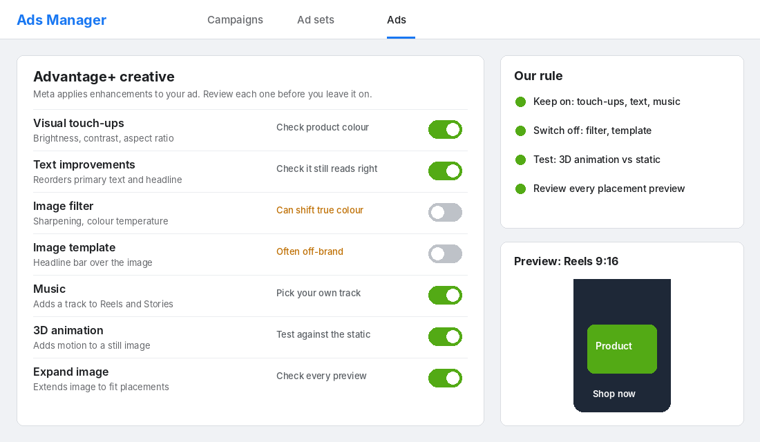 Meta Advantage+ creative enhancements settings with recommended on and off toggles
