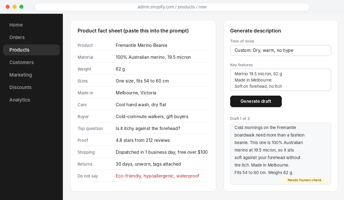 Shopify product page showing a product fact sheet next to an AI description generator panel
