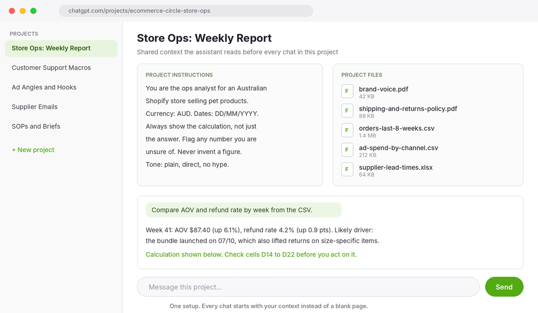 ChatGPT project setup with instructions and uploaded store files for a Shopify store