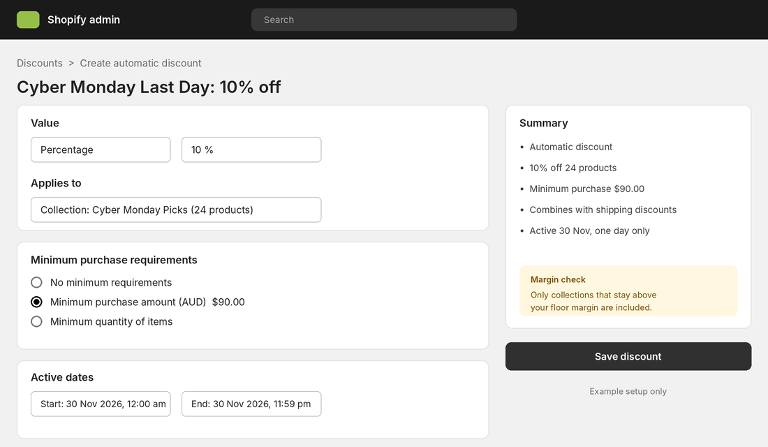 Shopify automatic discount configured to run only on Cyber Monday