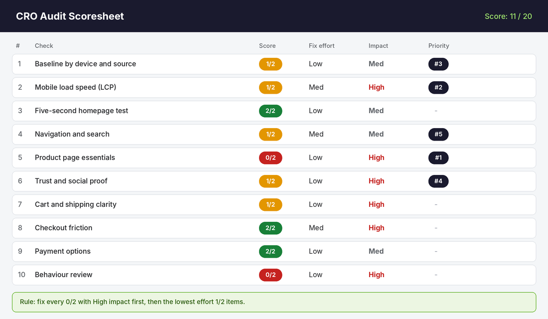 CRO audit scoresheet scoring 10 checks out of 2 with fix effort, impact and priority columns