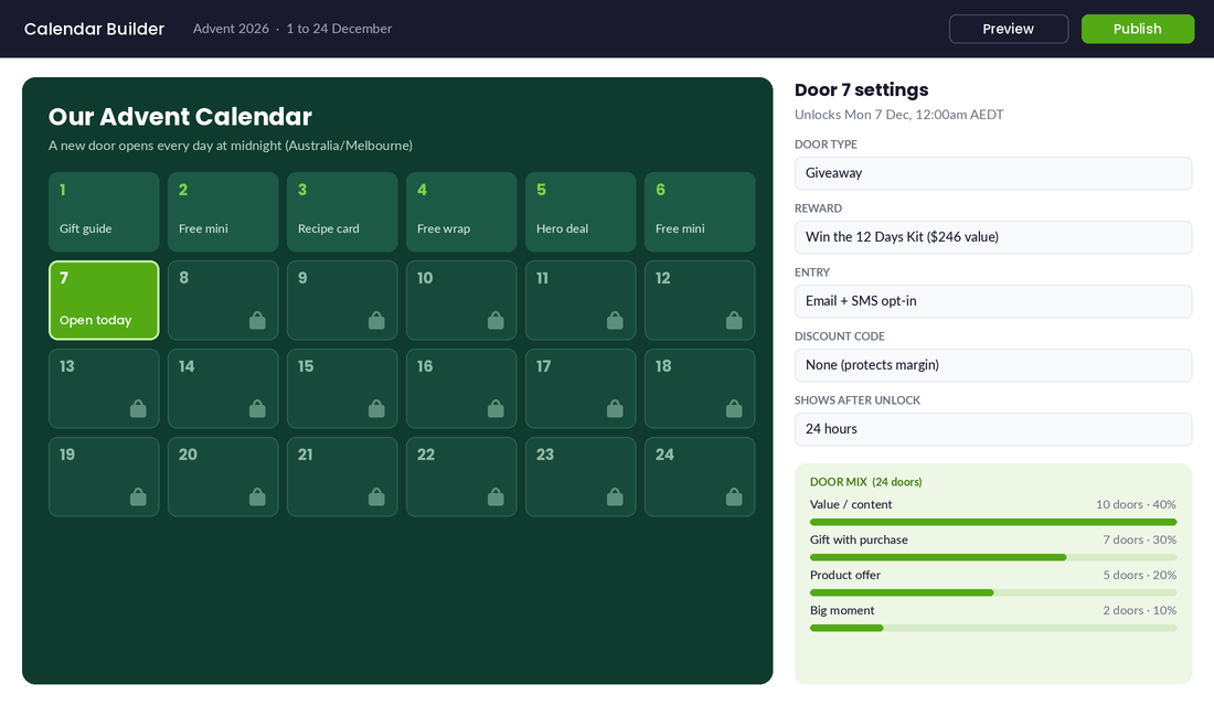 Digital advent calendar builder with 24 doors, door 7 giveaway settings and 40/30/20/10 door mix