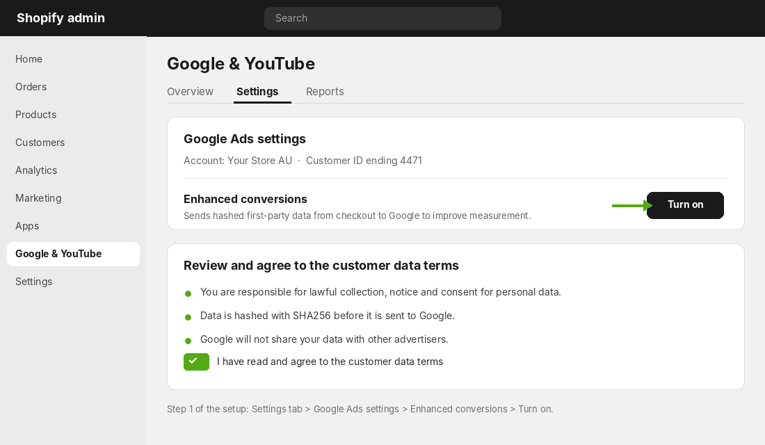Shopify admin Google and YouTube app settings tab with enhanced conversions Turn on button and customer data terms