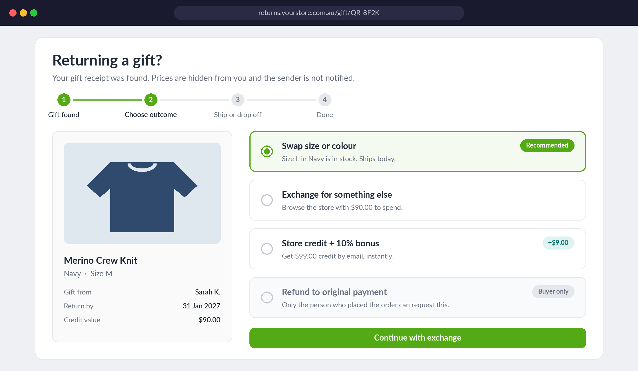 Gift return portal offering exchange, store credit with bonus and buyer-only refund options