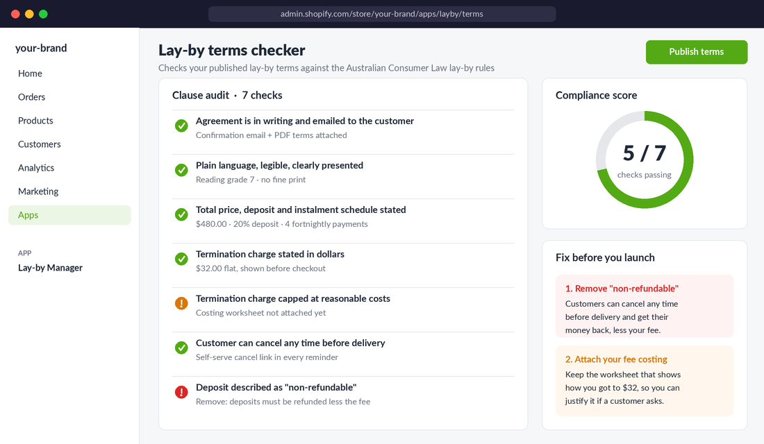 Lay-by terms checker showing seven consumer law clause checks for a Shopify store