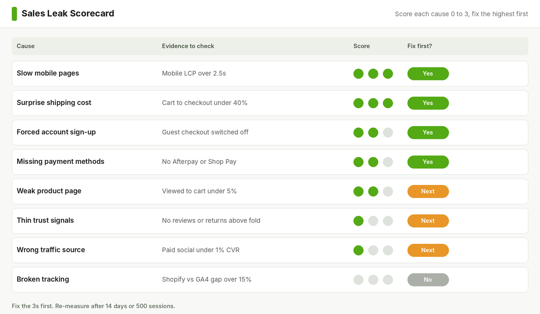 Sales Leak Scorecard template scoring eight common causes of low Shopify sales from zero to three with a fix first column