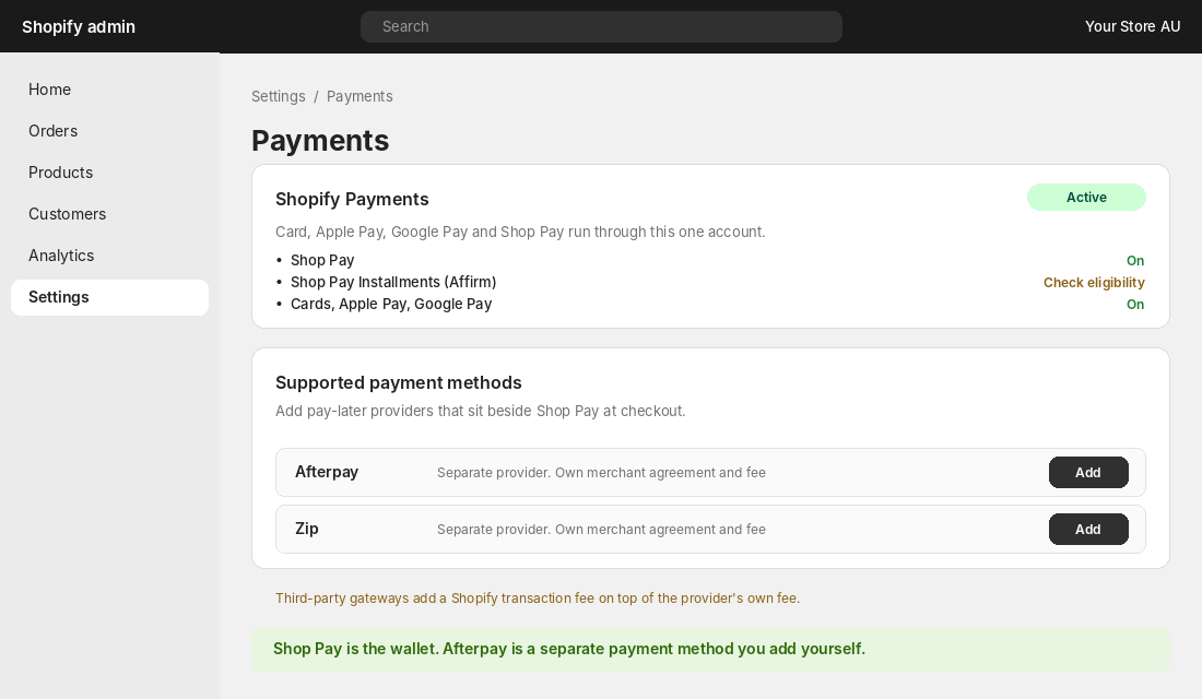 Shopify admin payments settings showing Shop Pay and Afterpay as separate payment methods