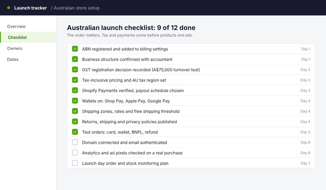 Australian Shopify store launch checklist with ABN, GST, payments and shipping steps