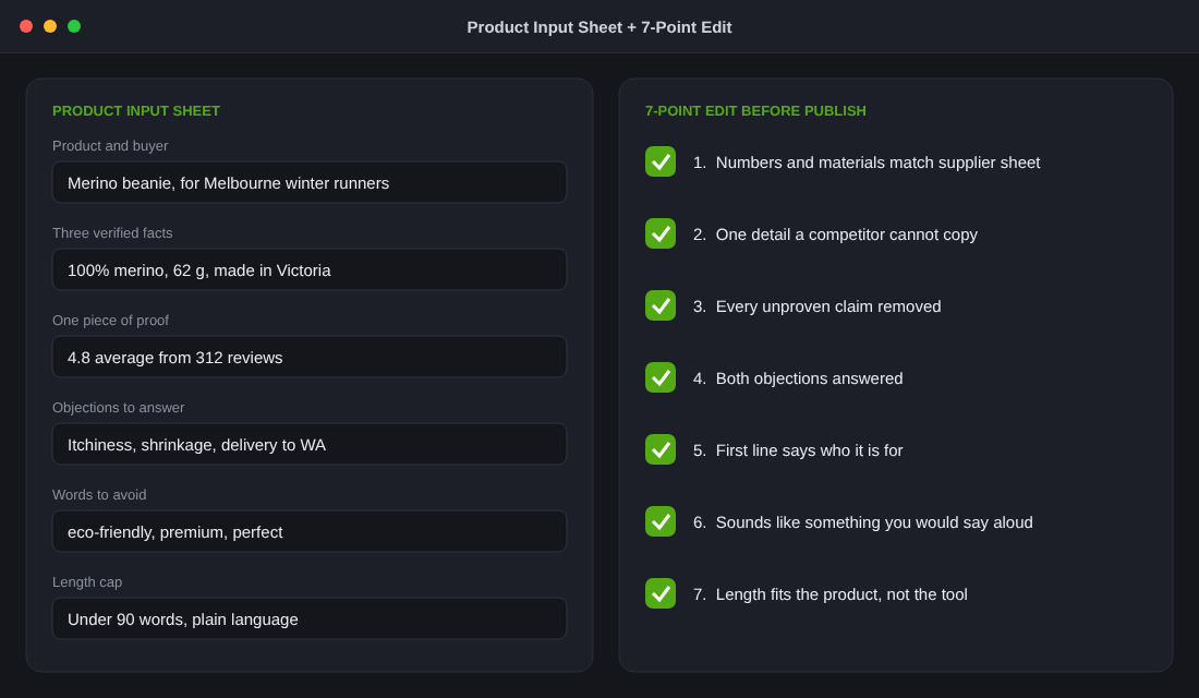 Product input sheet and seven-point edit checklist for AI generated Shopify product descriptions