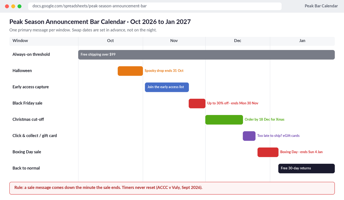 Peak season announcement bar calendar from October 2026 to January 2027