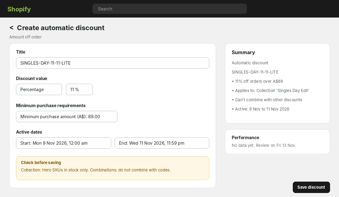 Shopify automatic discount set up for an 11.11 Lite offer with start and end dates