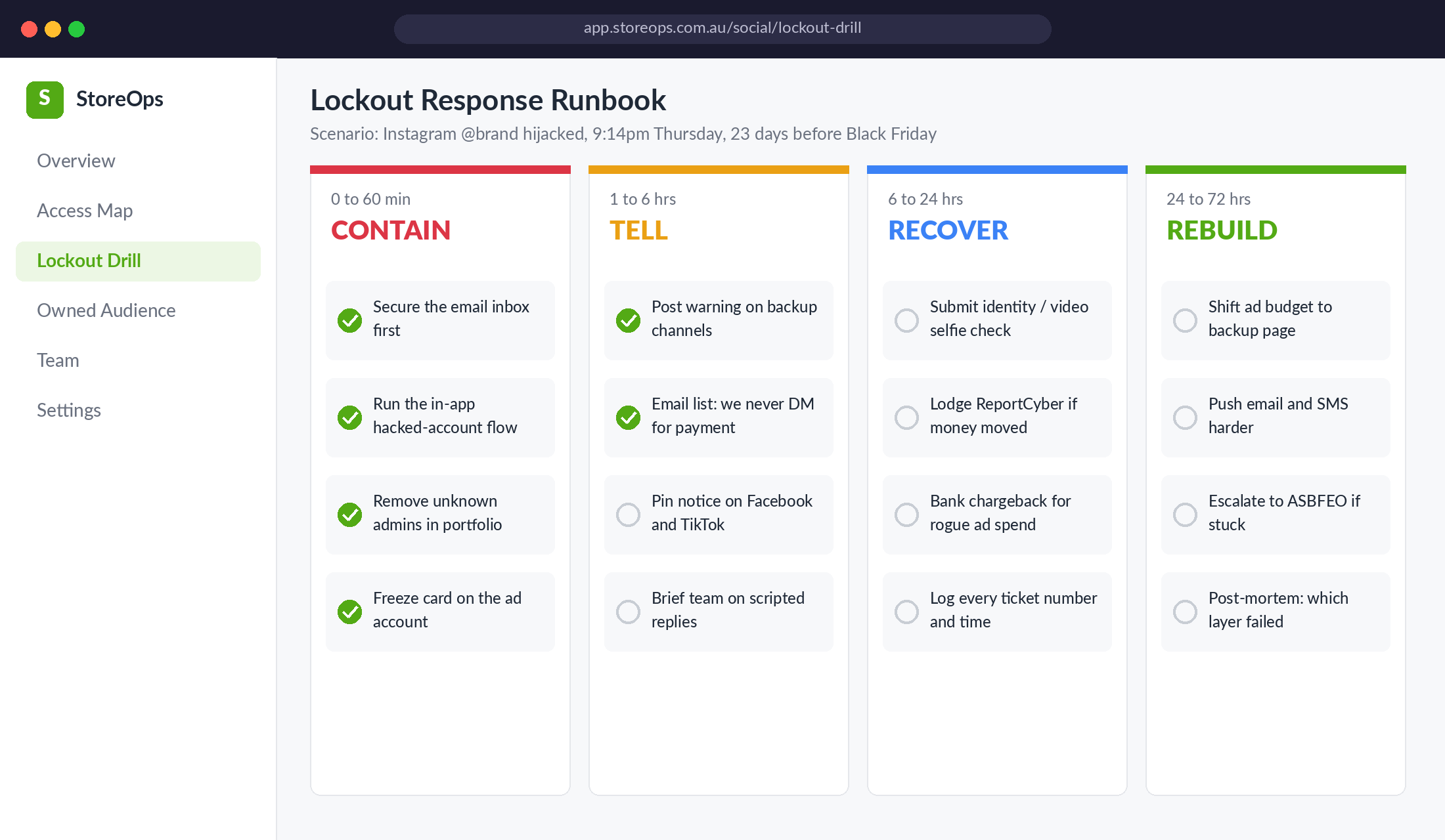 Four-phase 72-hour social account lockout runbook: contain, tell, recover, rebuild